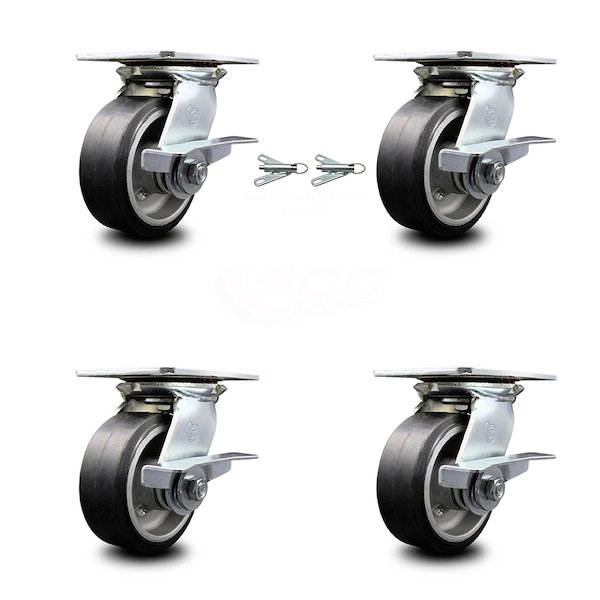 Service Caster 5 Inch Rubber on Aluminum Caster Set with Roller Bearing 4 Brake 2 Swivel Lock SCC-35S520-RAR-SLB-BSL-2-SLB-2 - main